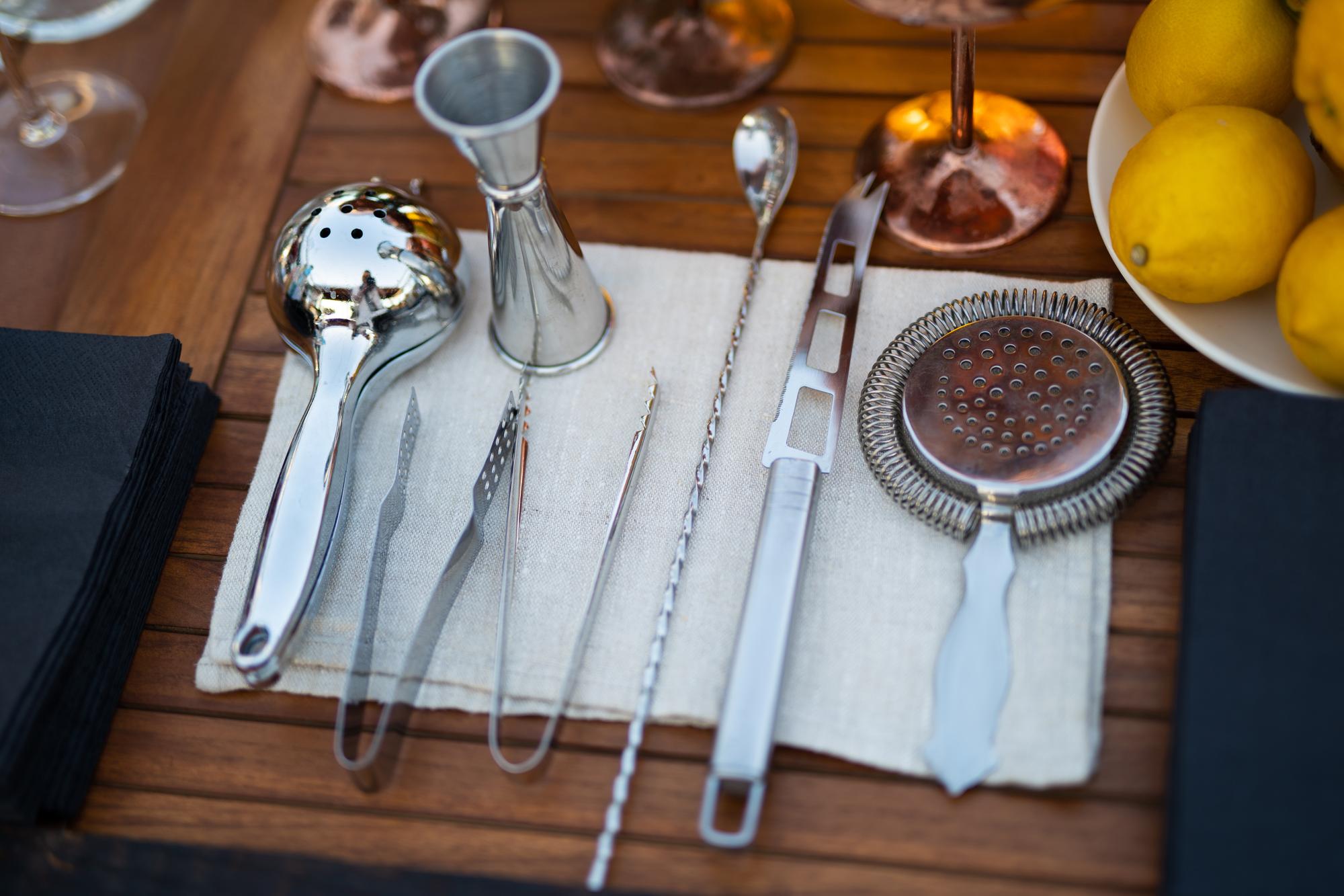 Workshop culinary station with premium utensils and plated tasting